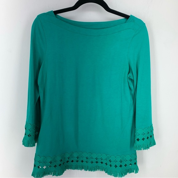 Talbots Tops - Talbots XS Tunic Top Boat Neck‎ Green Pima Cotton Embroidered Medallion Fringe